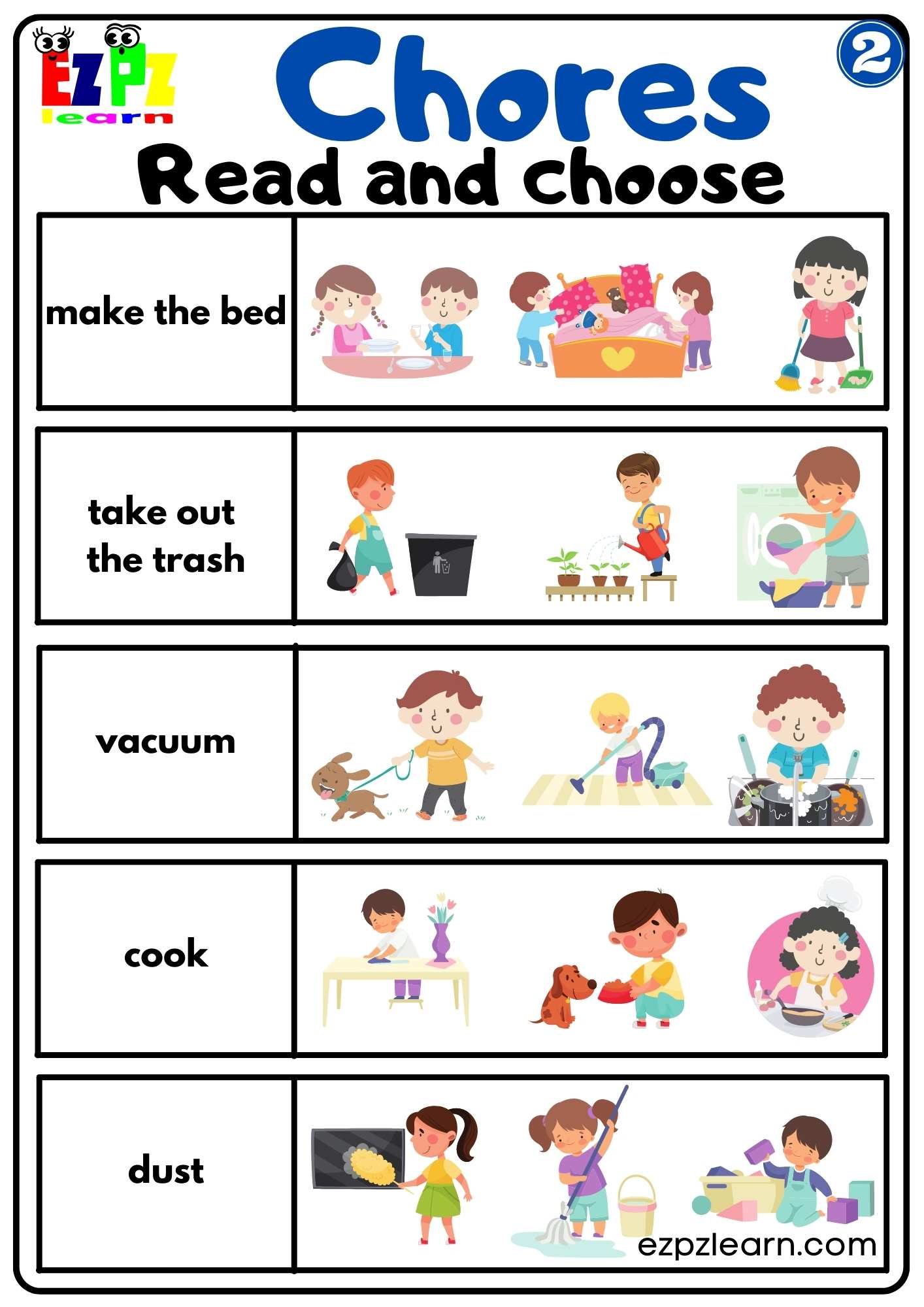 Household Chores Vocabulary Read and Choose Worksheet For Children and ESL Students Download Free Group 2
